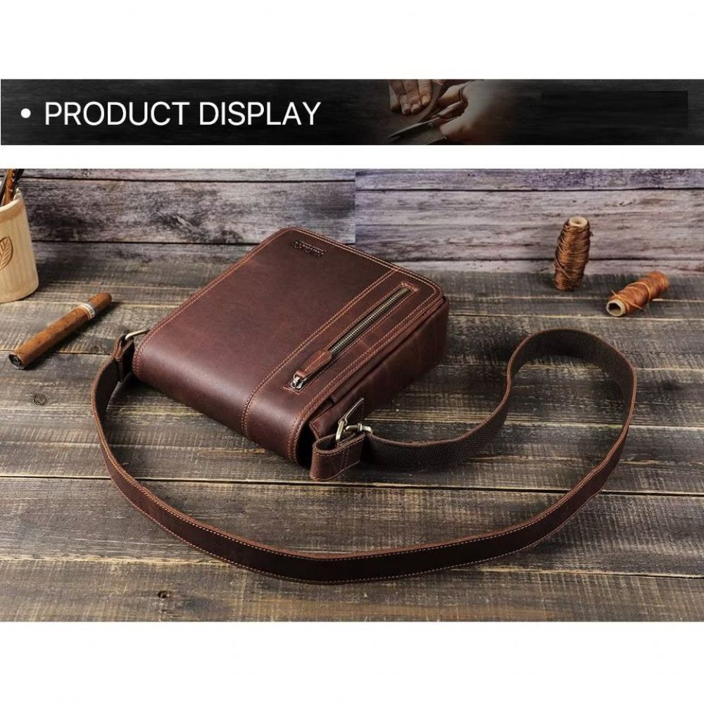 Sacs À Bandoulière Pour Hommes Sac Compact Rabat Cuir Luxe - Café