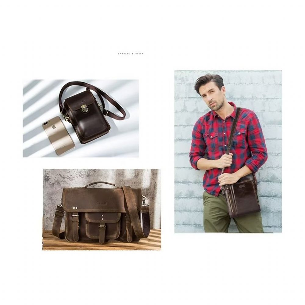 Sacs À Bandoulière Pour Hommes Sac Compact Rabat Cuir Luxe - Café