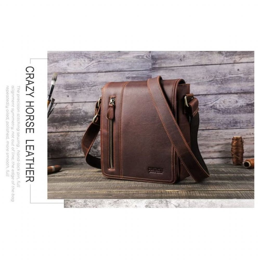 Sacs À Bandoulière Pour Hommes Sac Compact Rabat Cuir Luxe - Café