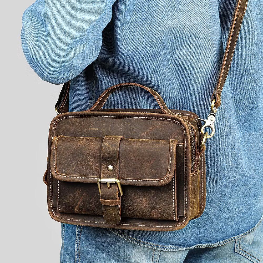 Sacs À Bandoulière Pour Hommes Sac Compact Rabat Cuir Véritable Luxe - Café