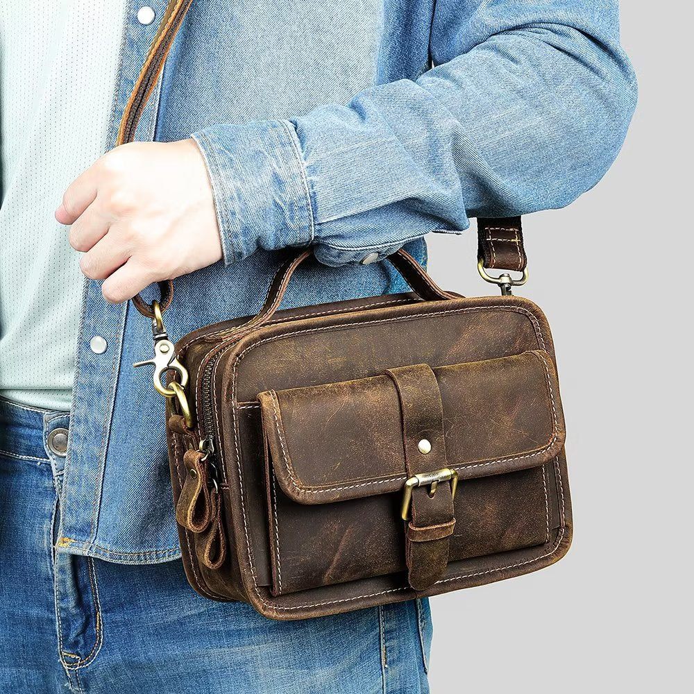 Sacs À Bandoulière Pour Hommes Sac Compact Rabat Cuir Véritable Luxe - Café