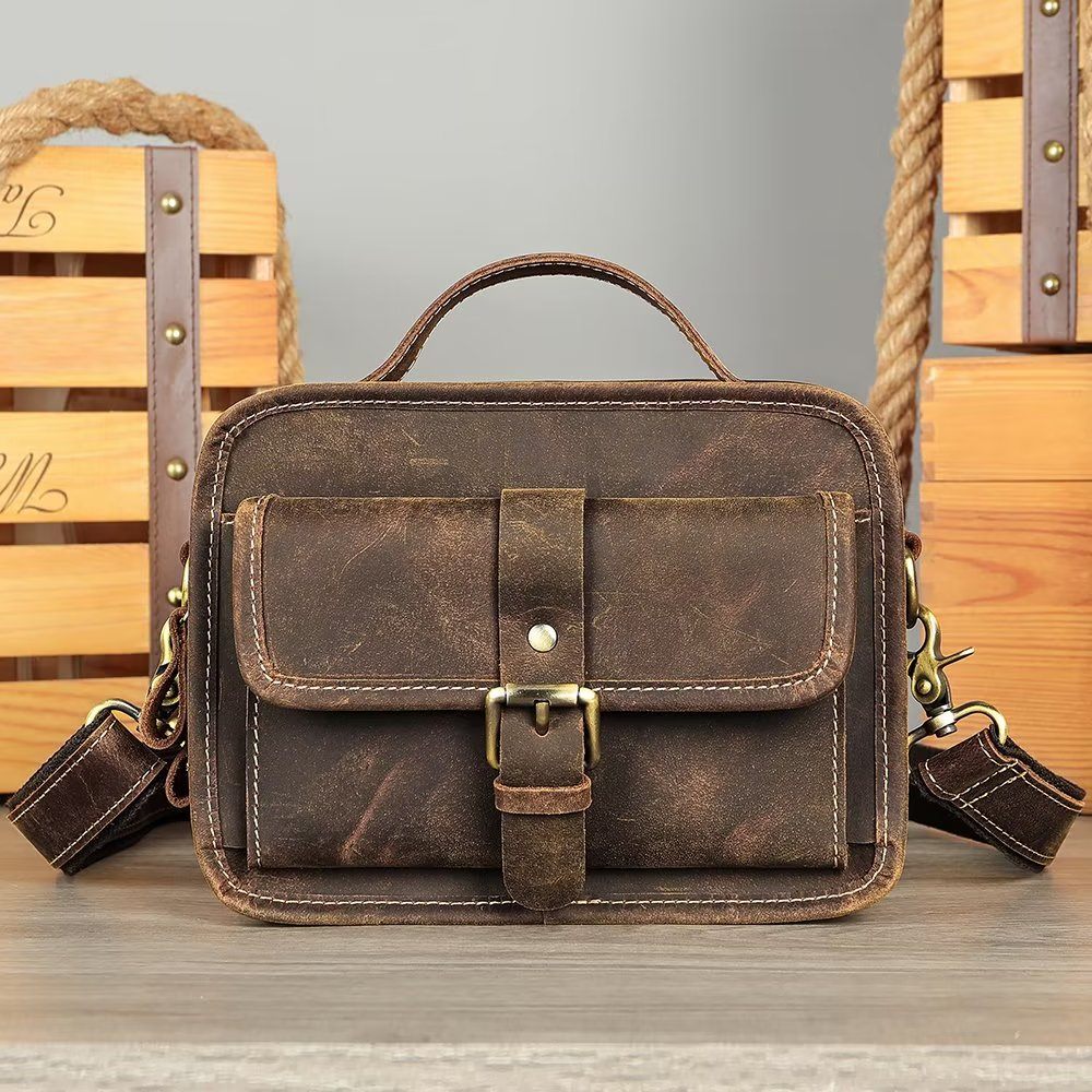 Sacs À Bandoulière Pour Hommes Sac Compact Rabat Cuir Véritable Luxe - Café