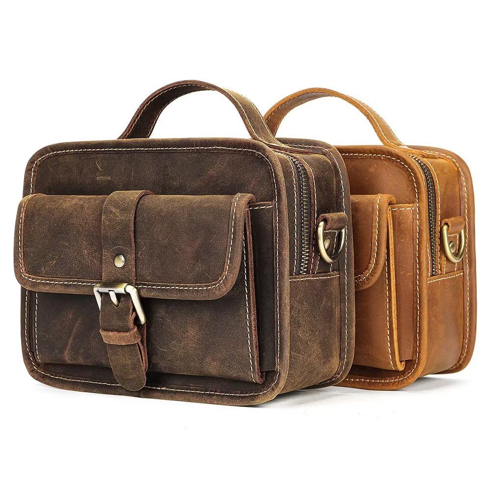 Sacs À Bandoulière Pour Hommes Sac Compact Rabat Cuir Véritable Luxe - Café