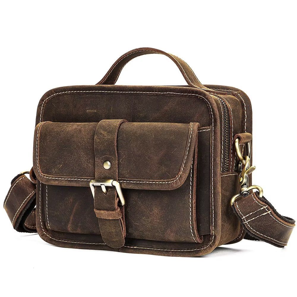 Sacs À Bandoulière Pour Hommes Sac Compact Rabat Cuir Véritable Luxe - Café