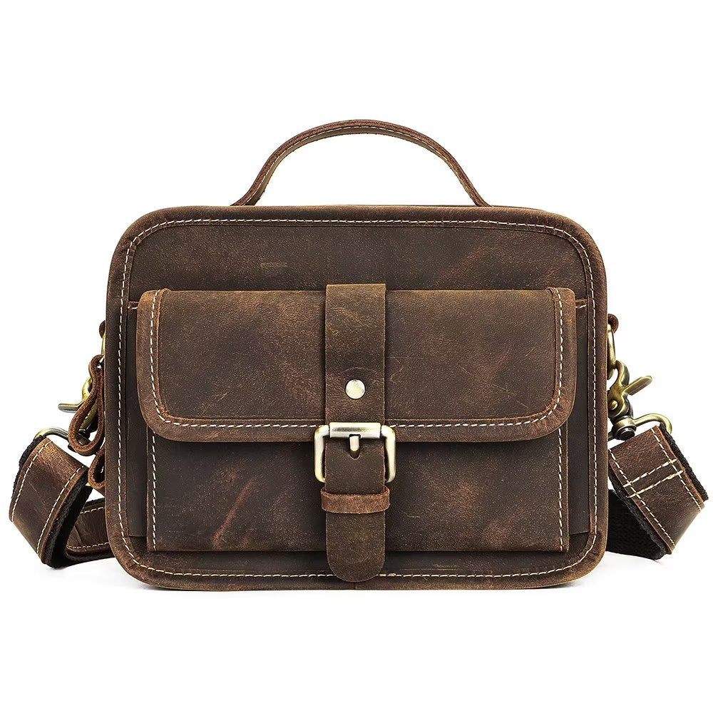 Sacs À Bandoulière Pour Hommes Sac Compact Rabat Cuir Véritable Luxe - Café