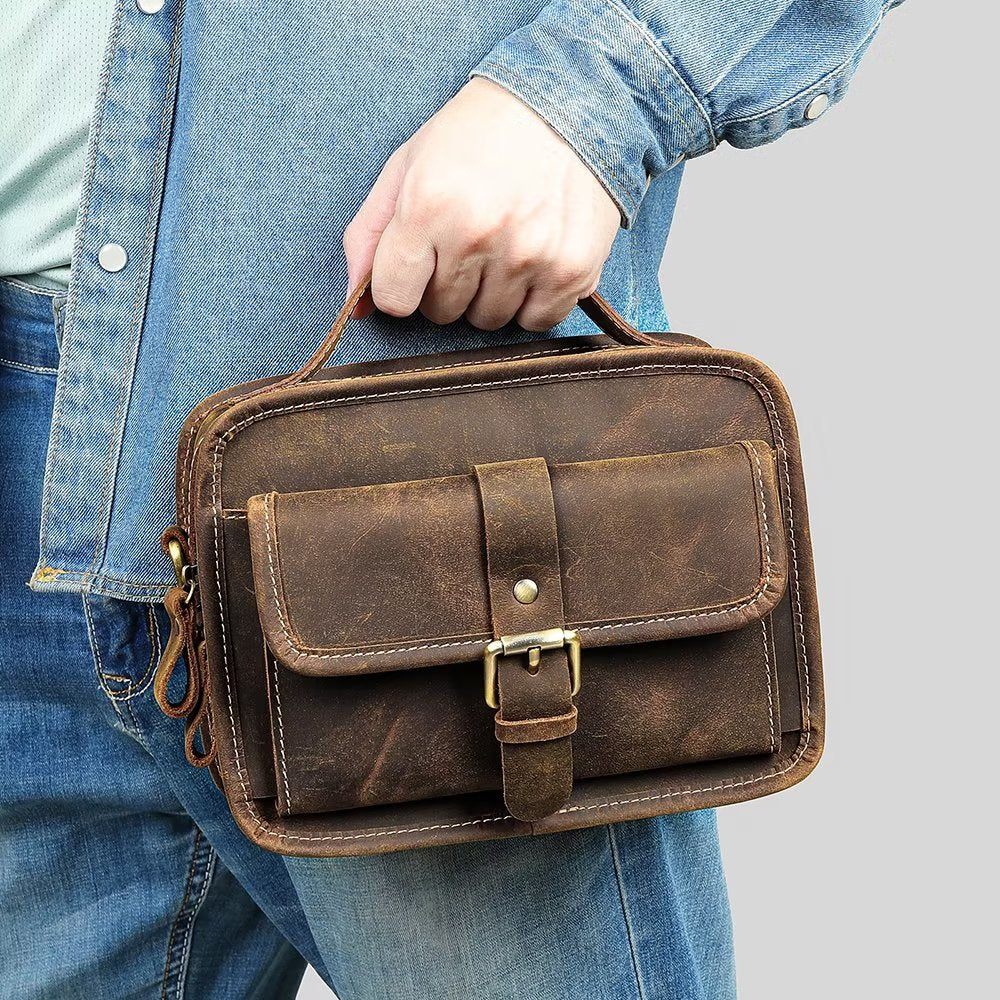 Sacs À Bandoulière Pour Hommes Sac Compact Rabat Cuir Véritable Luxe - Café