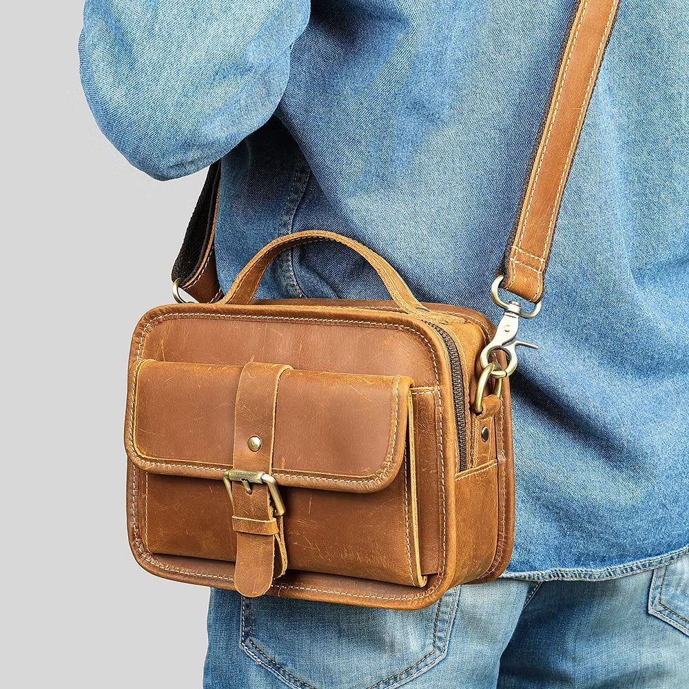 Sacs À Bandoulière Pour Hommes Sac Compact Rabat Cuir Véritable Luxe - Marron