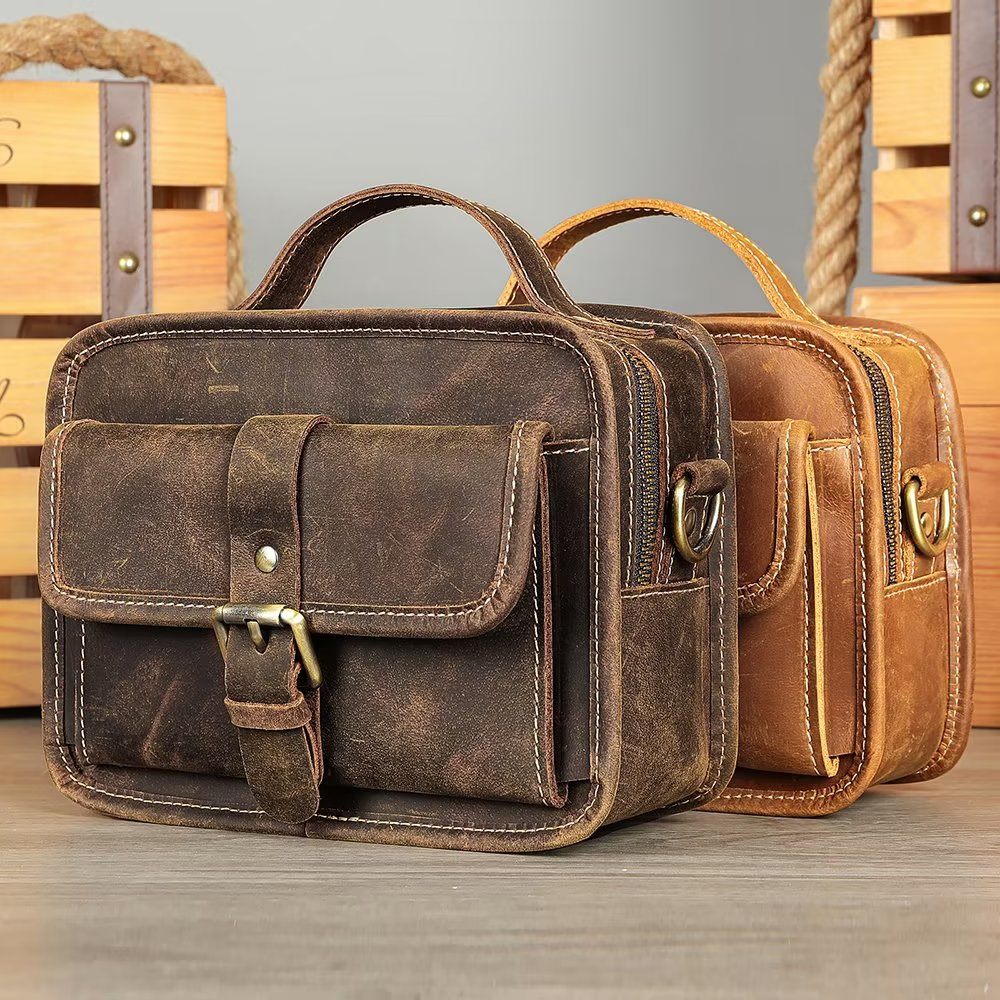 Sacs À Bandoulière Pour Hommes Sac Compact Rabat Cuir Véritable Luxe - Marron