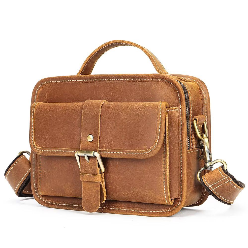 Sacs À Bandoulière Pour Hommes Sac Compact Rabat Cuir Véritable Luxe - Marron