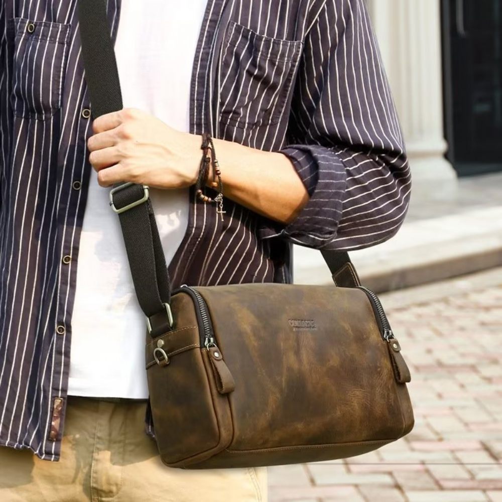 Sacs À Bandoulière Pour Hommes Sac Cuir Véritable - Café