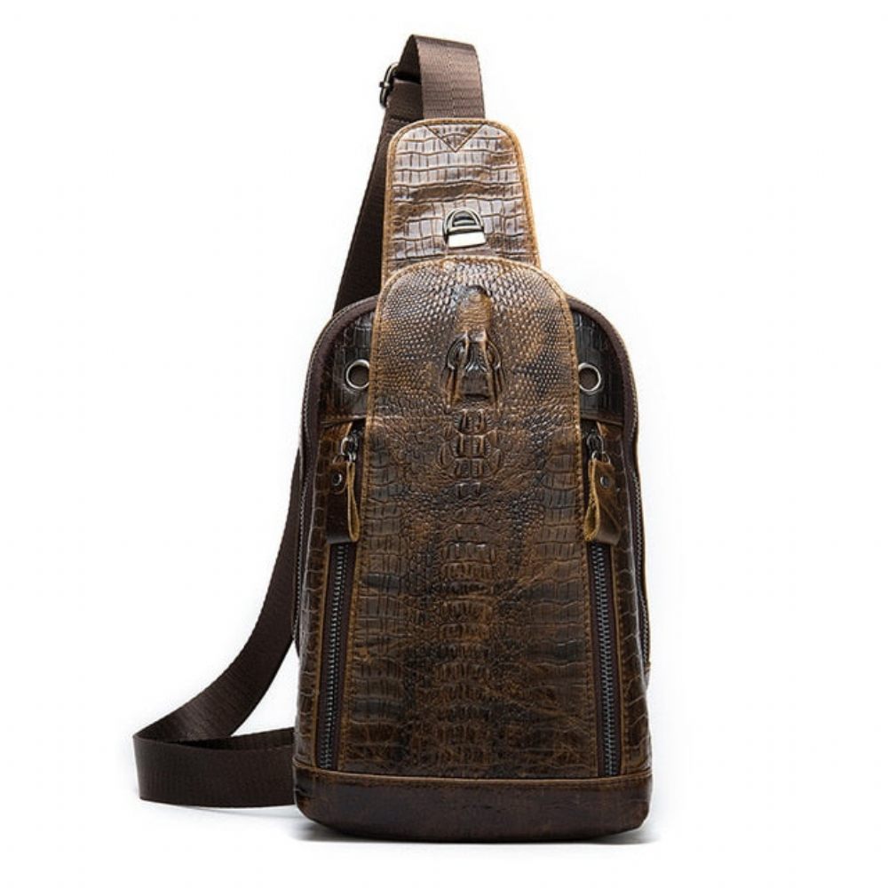 Sacs À Bandoulière Pour Hommes Sac Fermeture Éclair Motif Alligator Luxe - Café