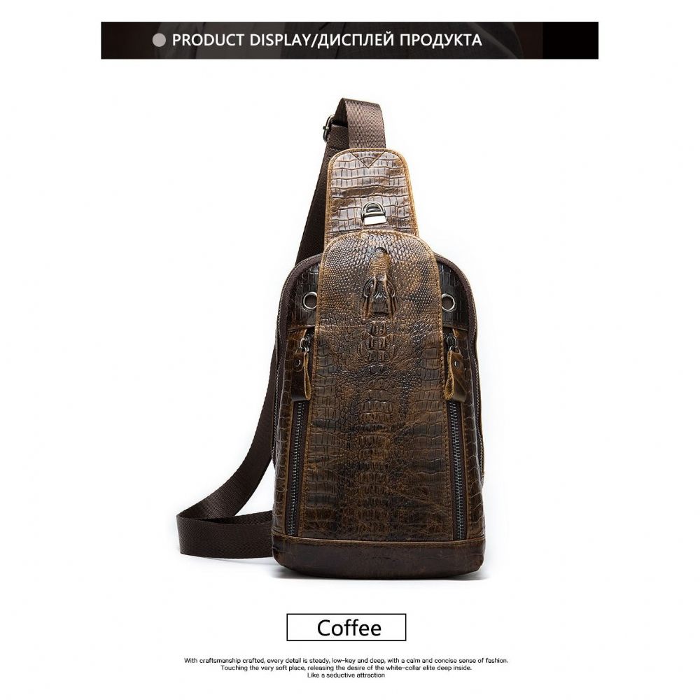 Sacs À Bandoulière Pour Hommes Sac Fermeture Éclair Motif Alligator Luxe - Café