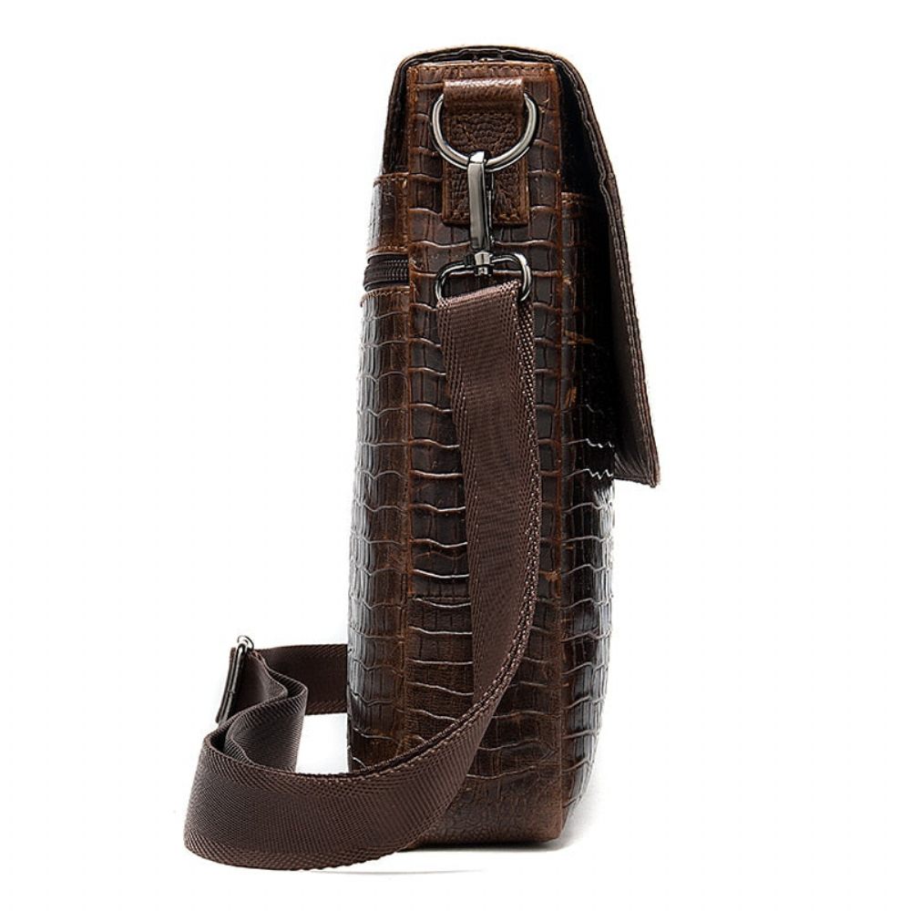 Sacs À Bandoulière Pour Hommes Sac Messager Cuir Crocodile Luxe Rabat Avec Fermeture Éclair - Café