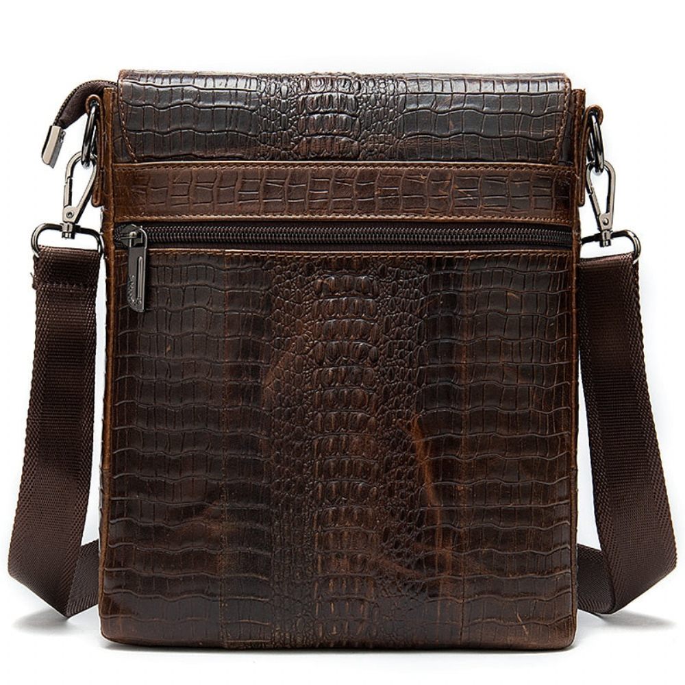 Sacs À Bandoulière Pour Hommes Sac Messager Cuir Crocodile Luxe Rabat Avec Fermeture Éclair - Café