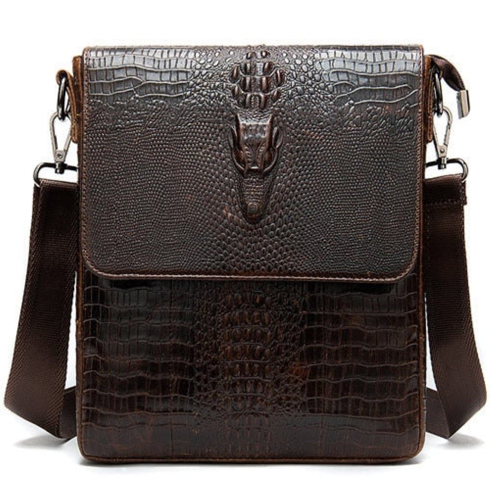 Sacs À Bandoulière Pour Hommes Sac Messager Cuir Crocodile Luxe Rabat Avec Fermeture Éclair - Café