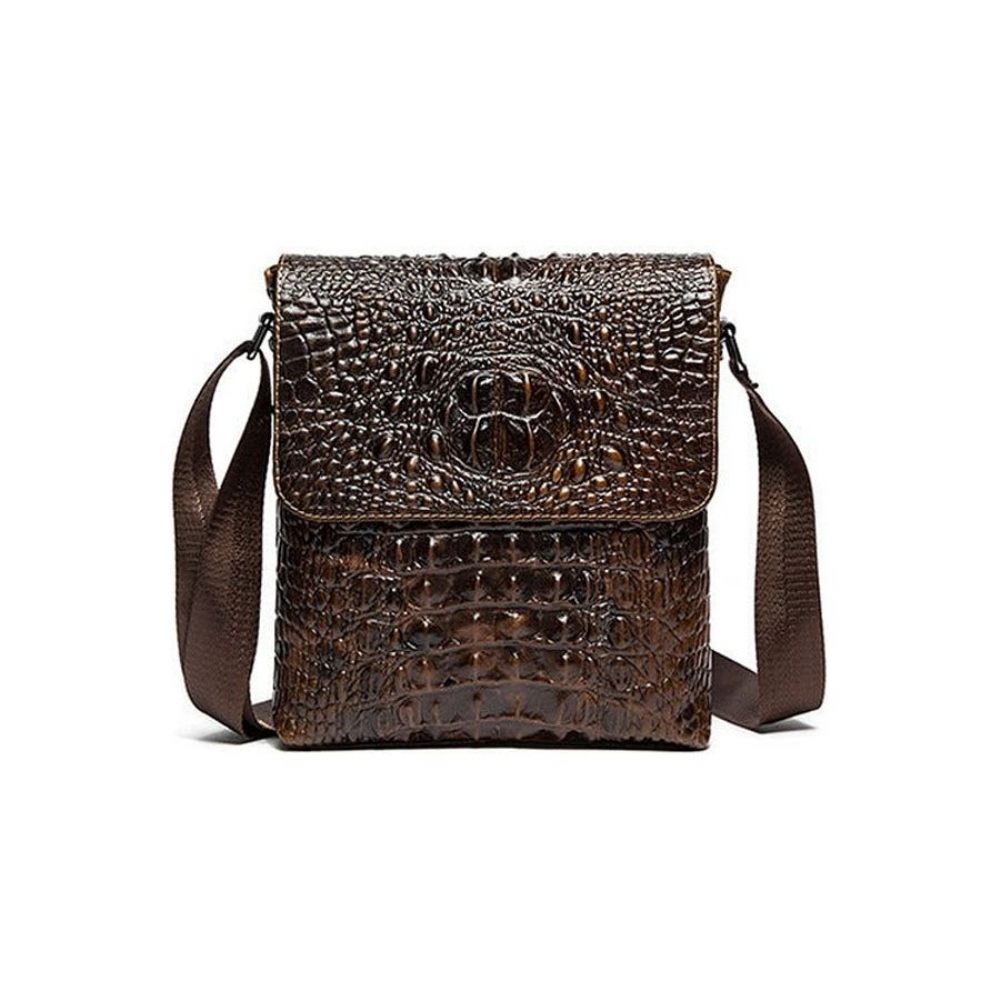 Sacs À Bandoulière Pour Hommes Sac Messager Cuir Crocodile Luxe Rabat Avec Fermeture Éclair - Café 2