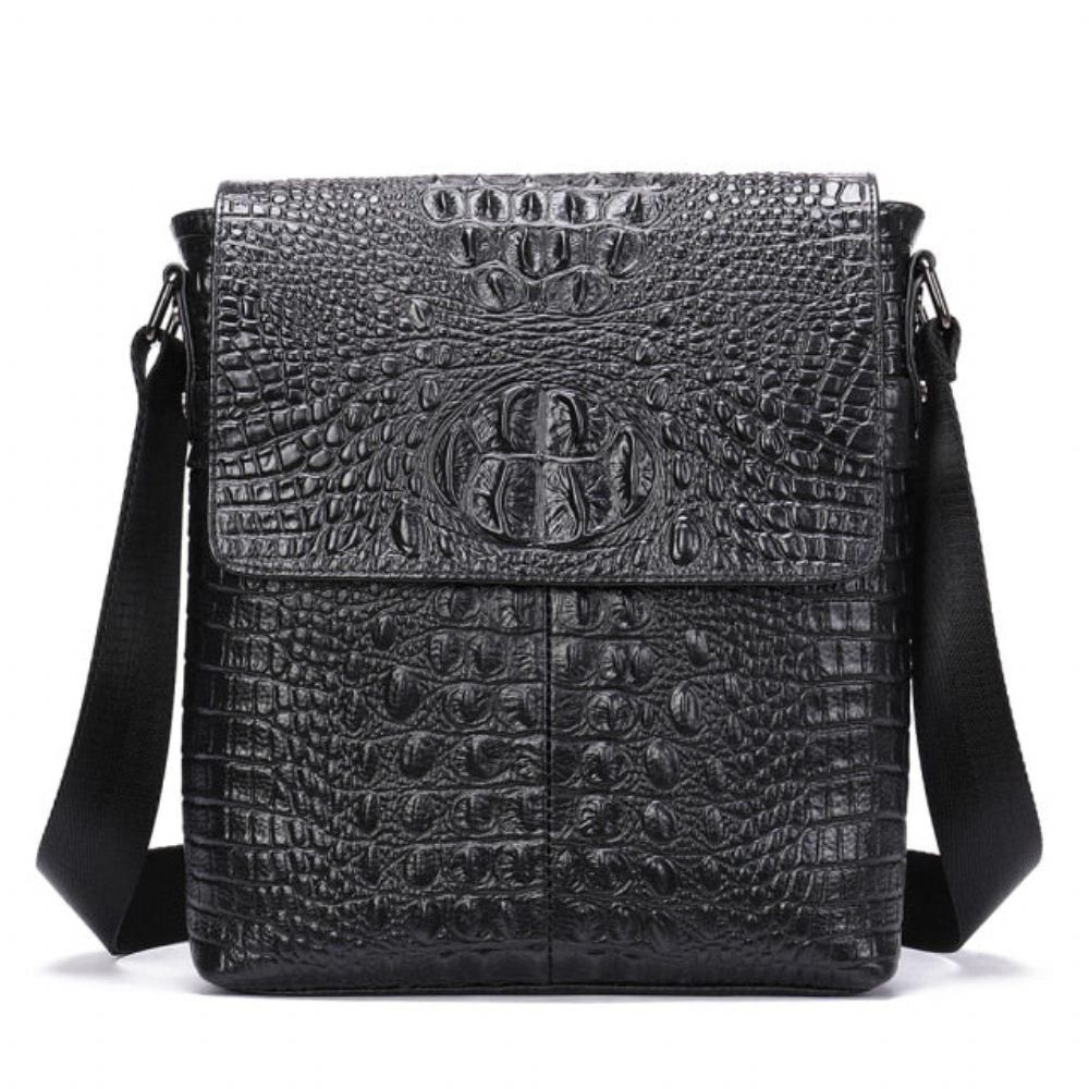 Sacs À Bandoulière Pour Hommes Sac Messager Cuir Crocodile Luxe Rabat Avec Fermeture Éclair - Noir 2