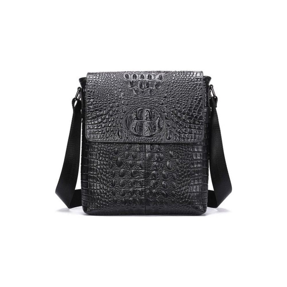 Sacs À Bandoulière Pour Hommes Sac Messager Cuir Crocodile Luxe Rabat Avec Fermeture Éclair - Noir 2