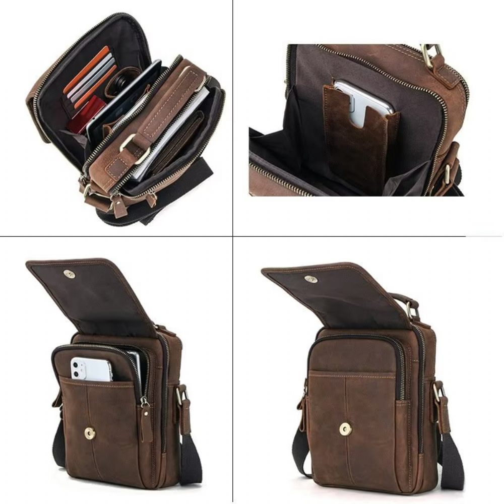 Sacs À Bandoulière Pour Hommes Sac Messager Luxe Collection Crazy Horse Classic - Café