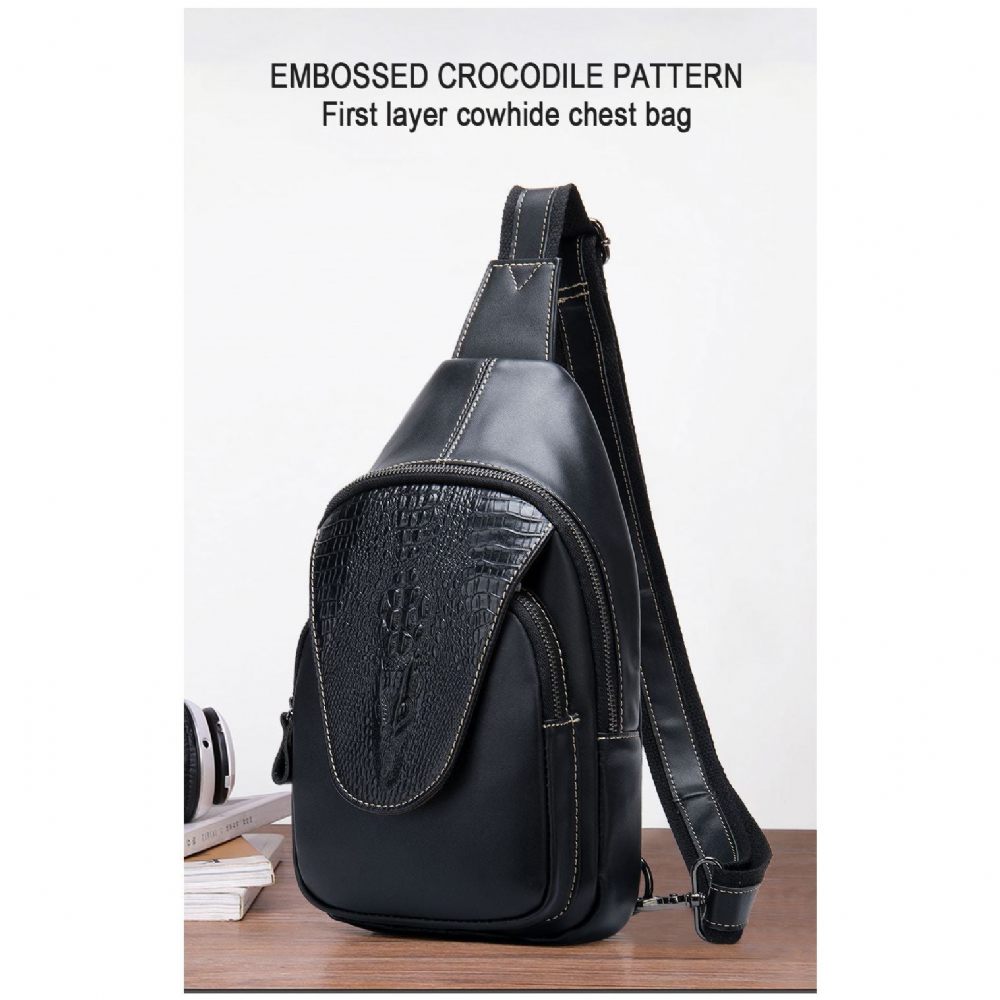 Sacs À Bandoulière Pour Hommes Sac Messager Luxe Cuir Crocodile Avec Fermeture Éclair - Noir