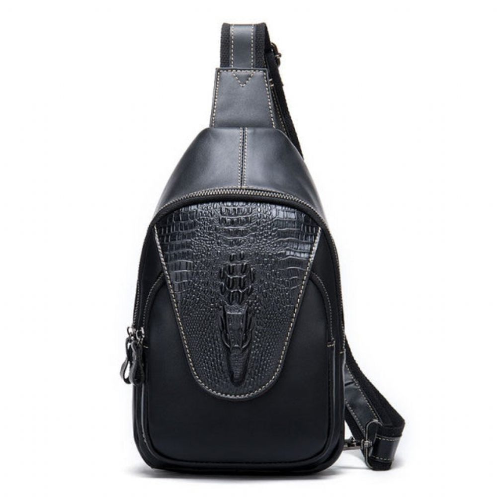 Sacs À Bandoulière Pour Hommes Sac Messager Luxe Cuir Crocodile Avec Fermeture Éclair - Noir