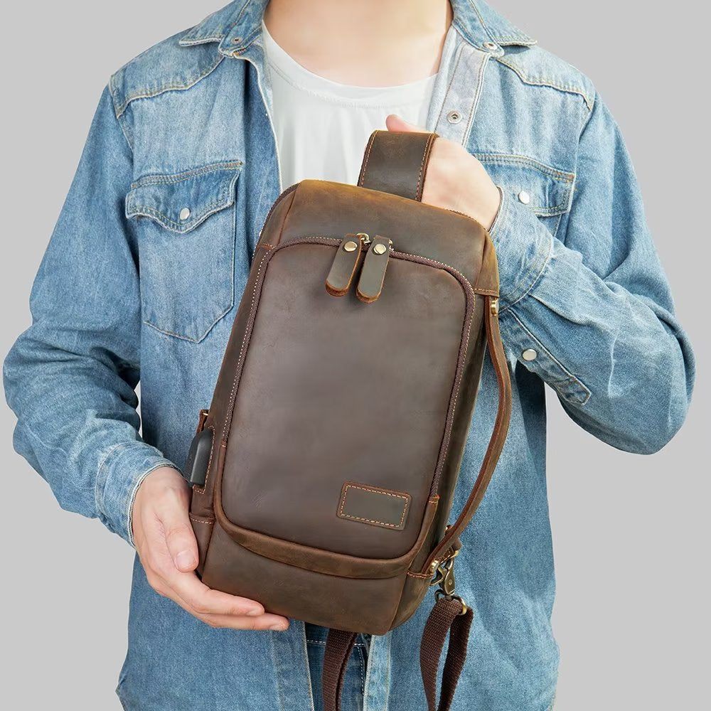 Sacs À Bandoulière Pour Hommes Sac Poitrine Vintage Dos Élégant - Café