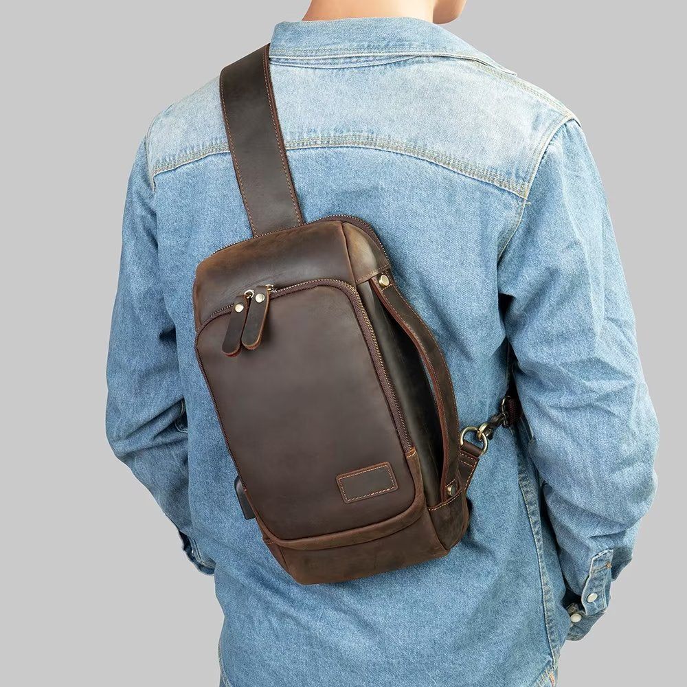 Sacs À Bandoulière Pour Hommes Sac Poitrine Vintage Dos Élégant - Café