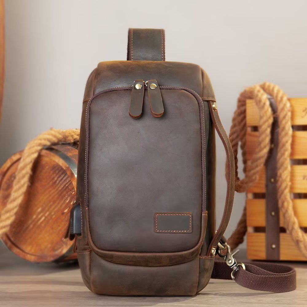 Sacs À Bandoulière Pour Hommes Sac Poitrine Vintage Dos Élégant - Café