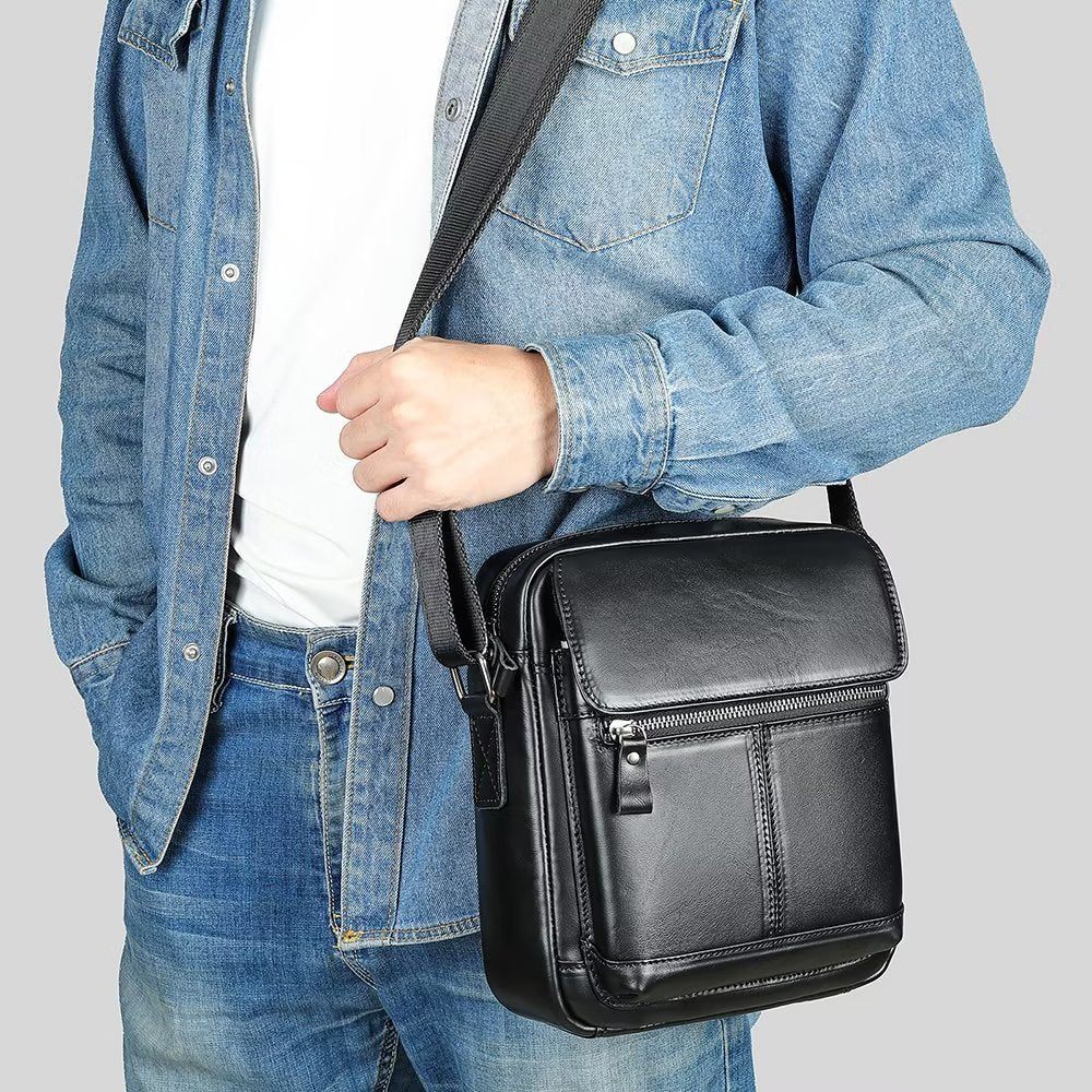 Sacs À Bandoulière Pour Hommes Sac Rabat Cuir Luxe - Noir