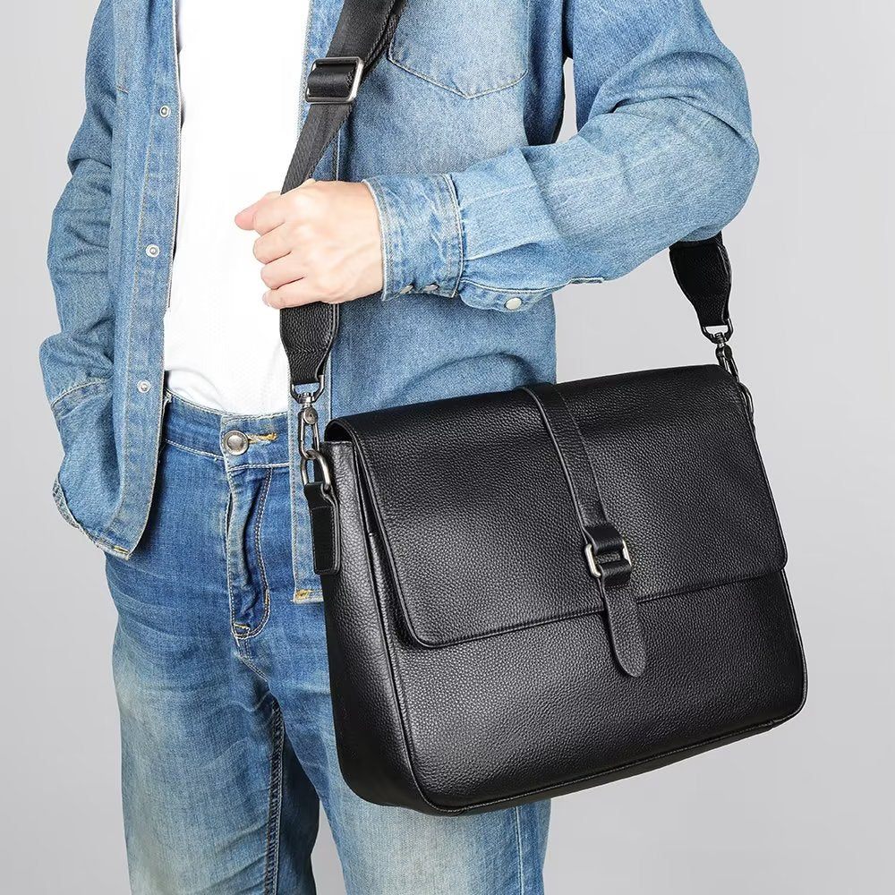 Sacs À Bandoulière Pour Hommes Sac Rabat Cuir Véritable Luxe - Noir