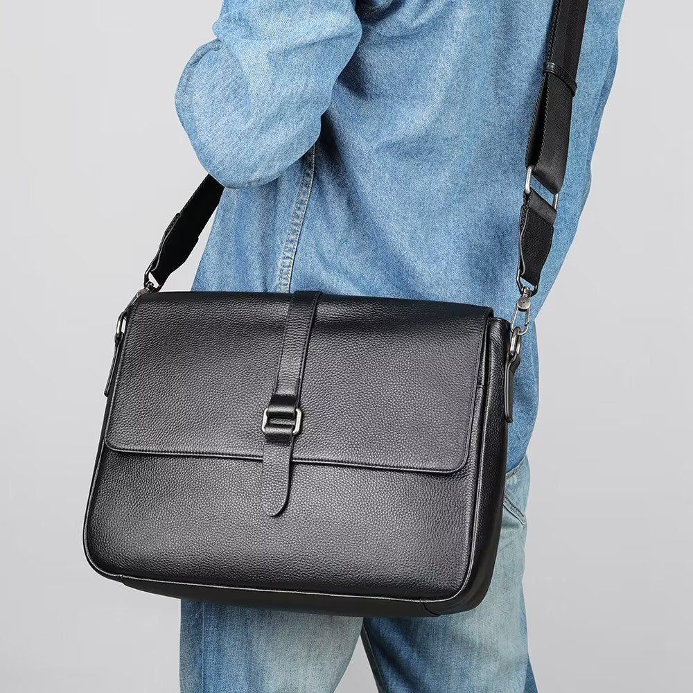 Sacs À Bandoulière Pour Hommes Sac Rabat Cuir Véritable Luxe - Noir