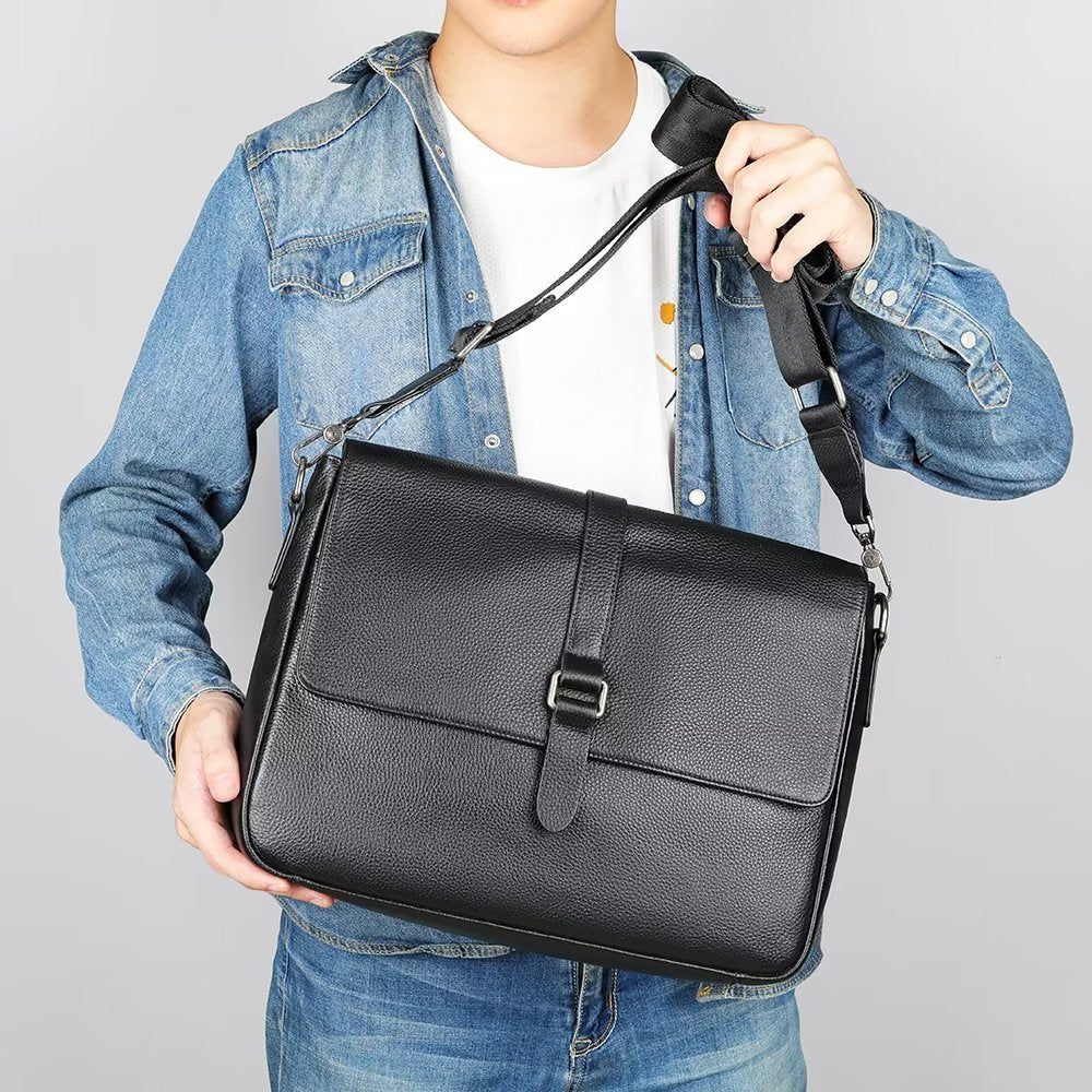 Sacs À Bandoulière Pour Hommes Sac Rabat Cuir Véritable Luxe - Noir