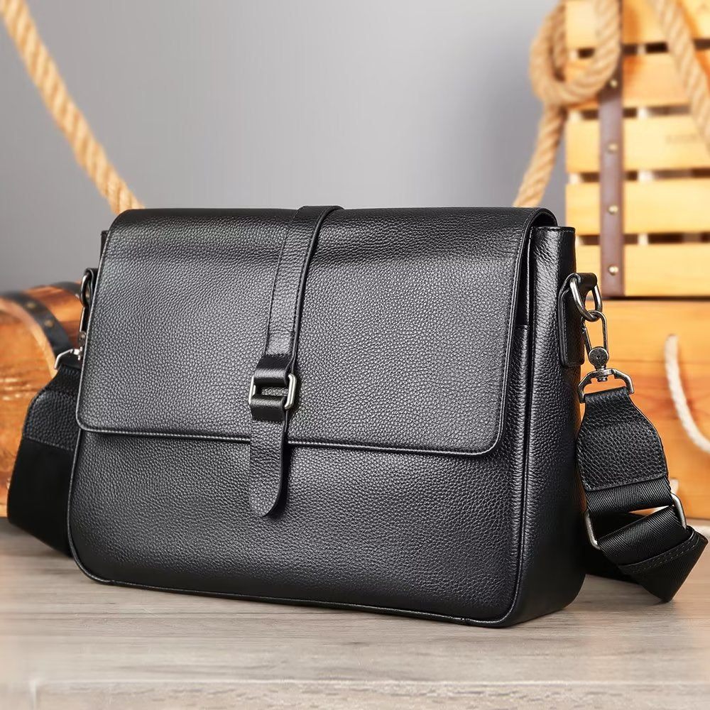 Sacs À Bandoulière Pour Hommes Sac Rabat Cuir Véritable Luxe - Noir