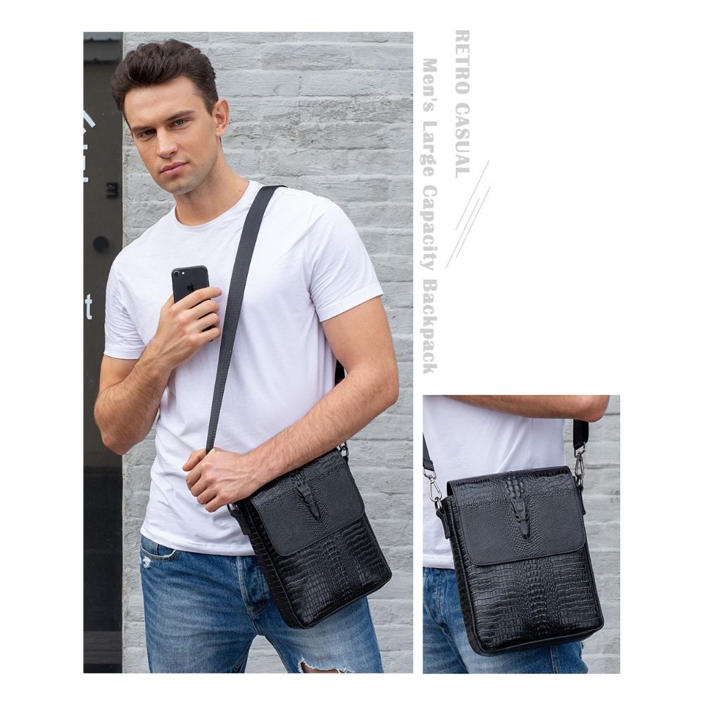 Sacs À Bandoulière Pour Hommes Sac Vintage Cuir Crocodile Luxe - Noir