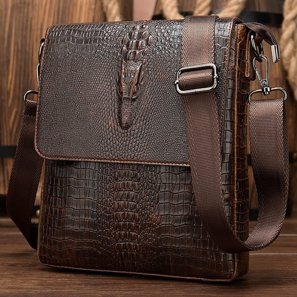 Sacs À Bandoulière Pour Hommes Sac Vintage Cuir Crocodile Luxe - Café