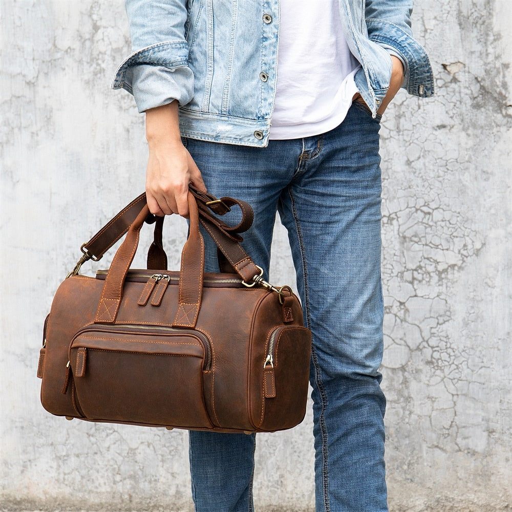 Sacs À Bandoulière Pour Hommes Sac Voyage Cuir Rétro Chic Avec Fermeture Éclair - Marron