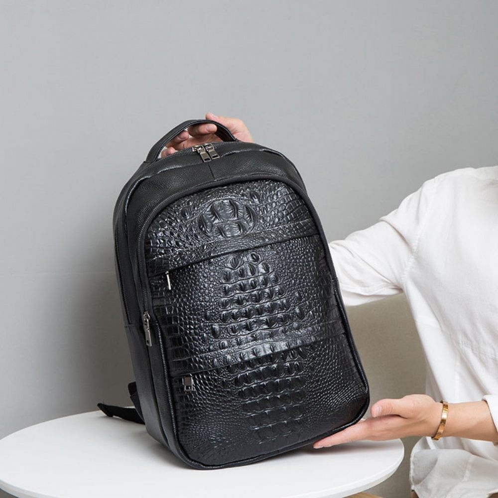 Sacs À Dos Pour Hommes Sac Luxe Cuir Plissé Croctex Avec Fermeture Éclair - Noir