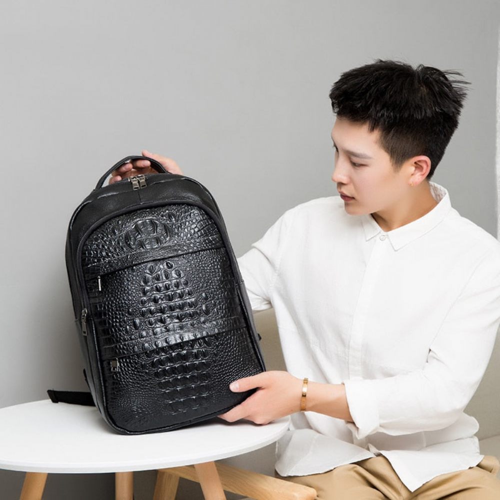 Sacs À Dos Pour Hommes Sac Luxe Cuir Plissé Croctex Avec Fermeture Éclair - Noir