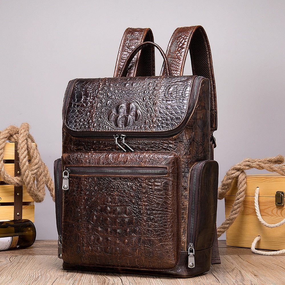 Sacs À Dos Pour Hommes Sac Voyage Technique Cuir D'alligator Vintage Chic - Café