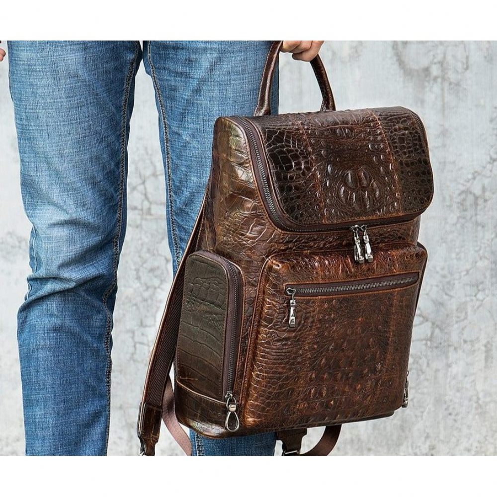 Sacs À Dos Pour Hommes Sac Voyage Technique Cuir D'alligator Vintage Chic - Café