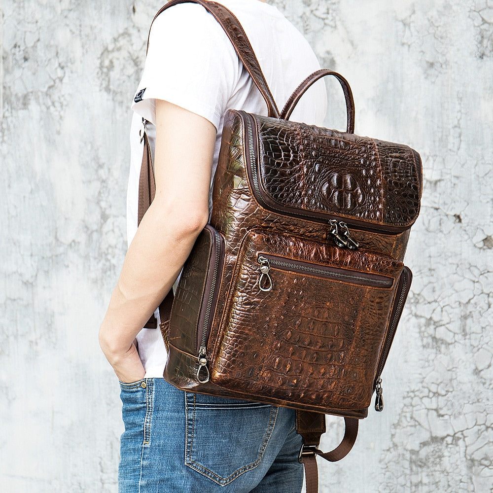 Sacs À Dos Pour Hommes Sac Voyage Technique Cuir D'alligator Vintage Chic - Café