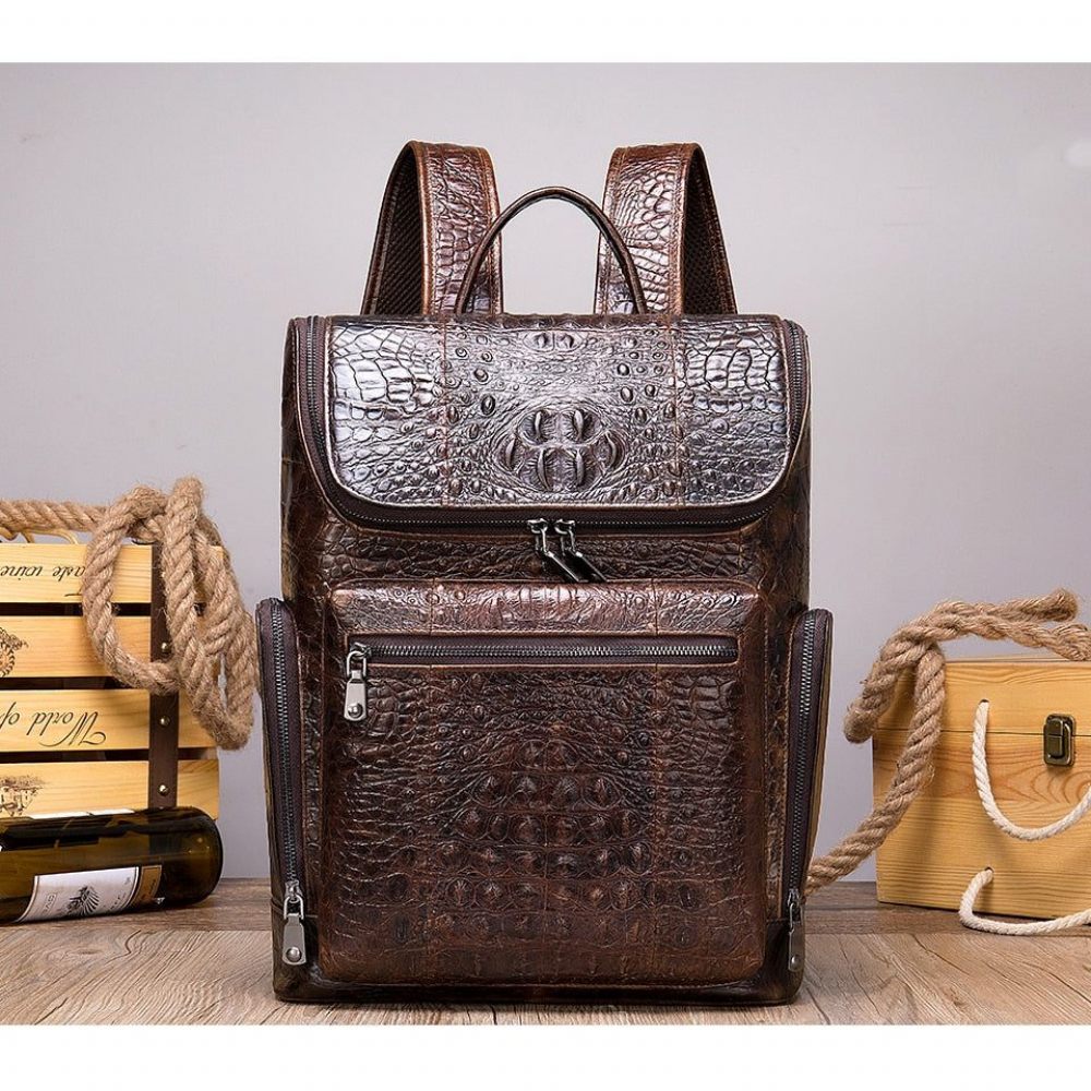 Sacs À Dos Pour Hommes Sac Voyage Technique Cuir D'alligator Vintage Chic - Café