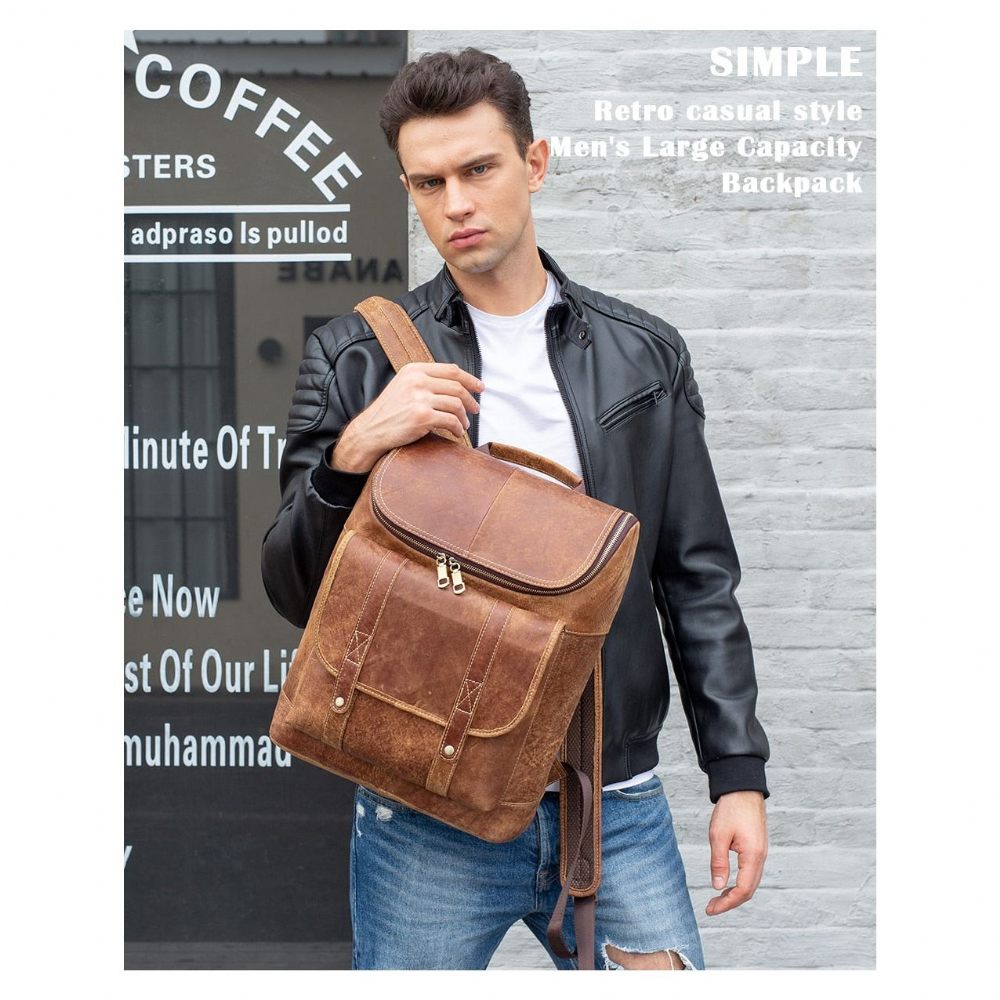 Sacs À Dos Pour Hommes Vintage Cuir Exotique Fermeture Éclair Softback Sac Mode - Café