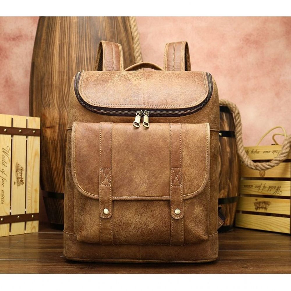 Sacs À Dos Pour Hommes Vintage Cuir Exotique Fermeture Éclair Softback Sac Mode - Café