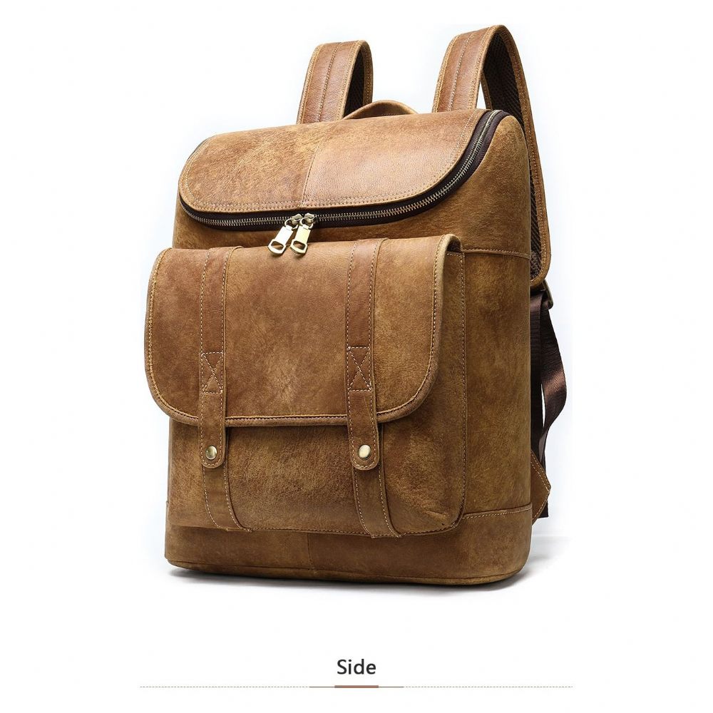 Sacs À Dos Pour Hommes Vintage Cuir Exotique Fermeture Éclair Softback Sac Mode - Café