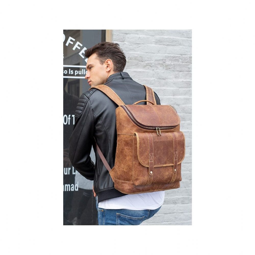 Sacs À Dos Pour Hommes Vintage Cuir Exotique Fermeture Éclair Softback Sac Mode - Café